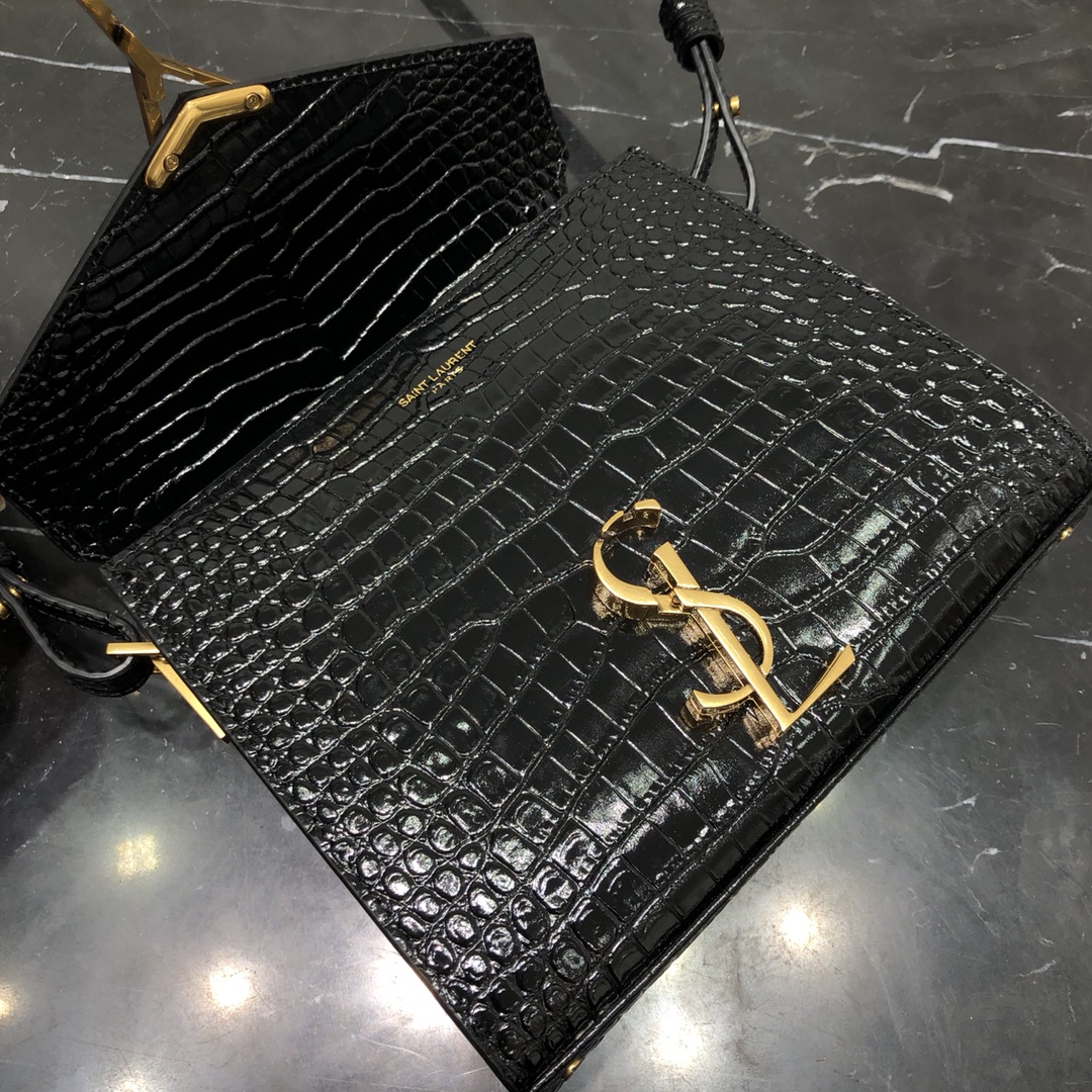 Saint Laurent Cassandera Mini Crocodile Embossed Bright Calfskin Handbag Shoulder Bag Black 623930